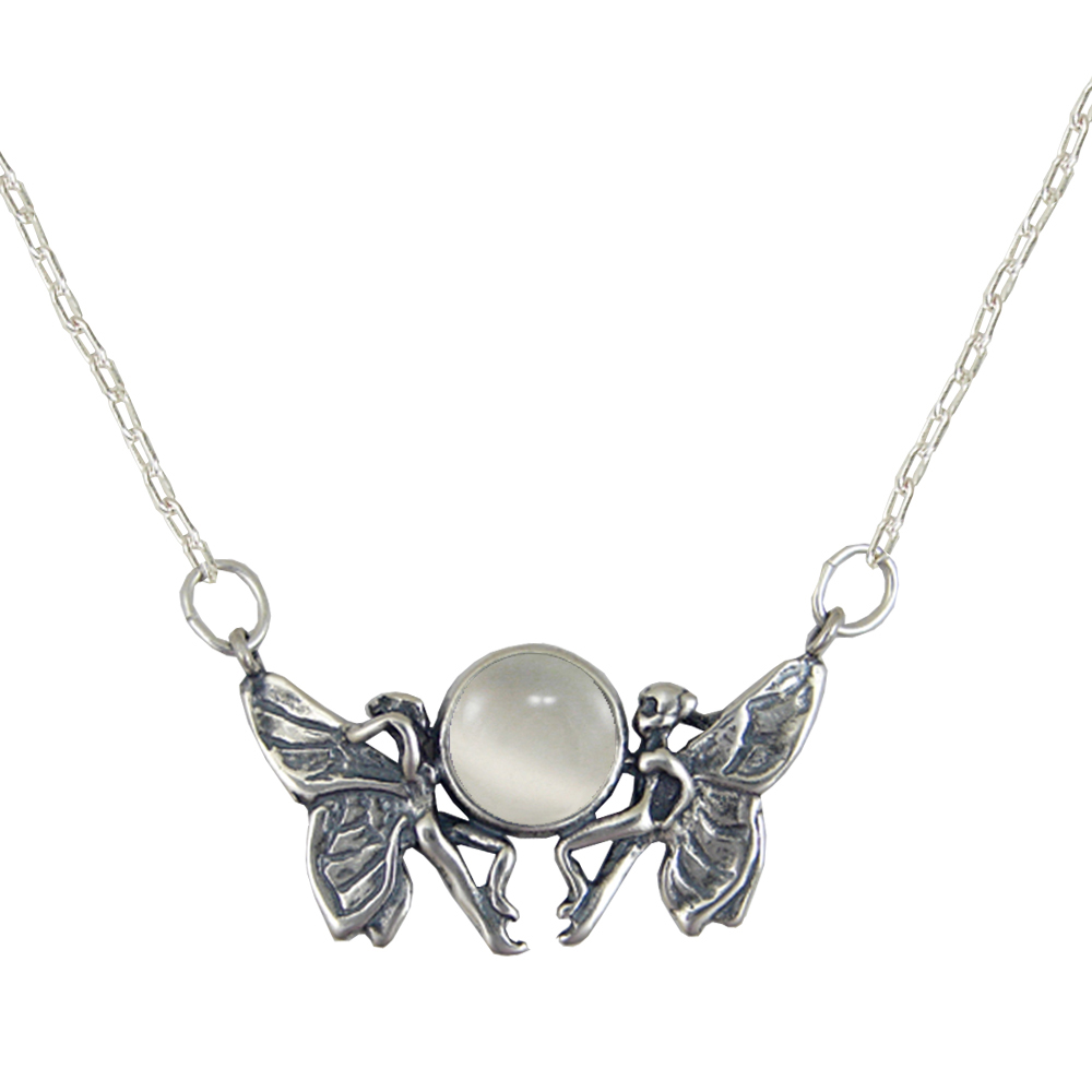 Sterling Silver Pair of Fairies Necklace With White Moonstone